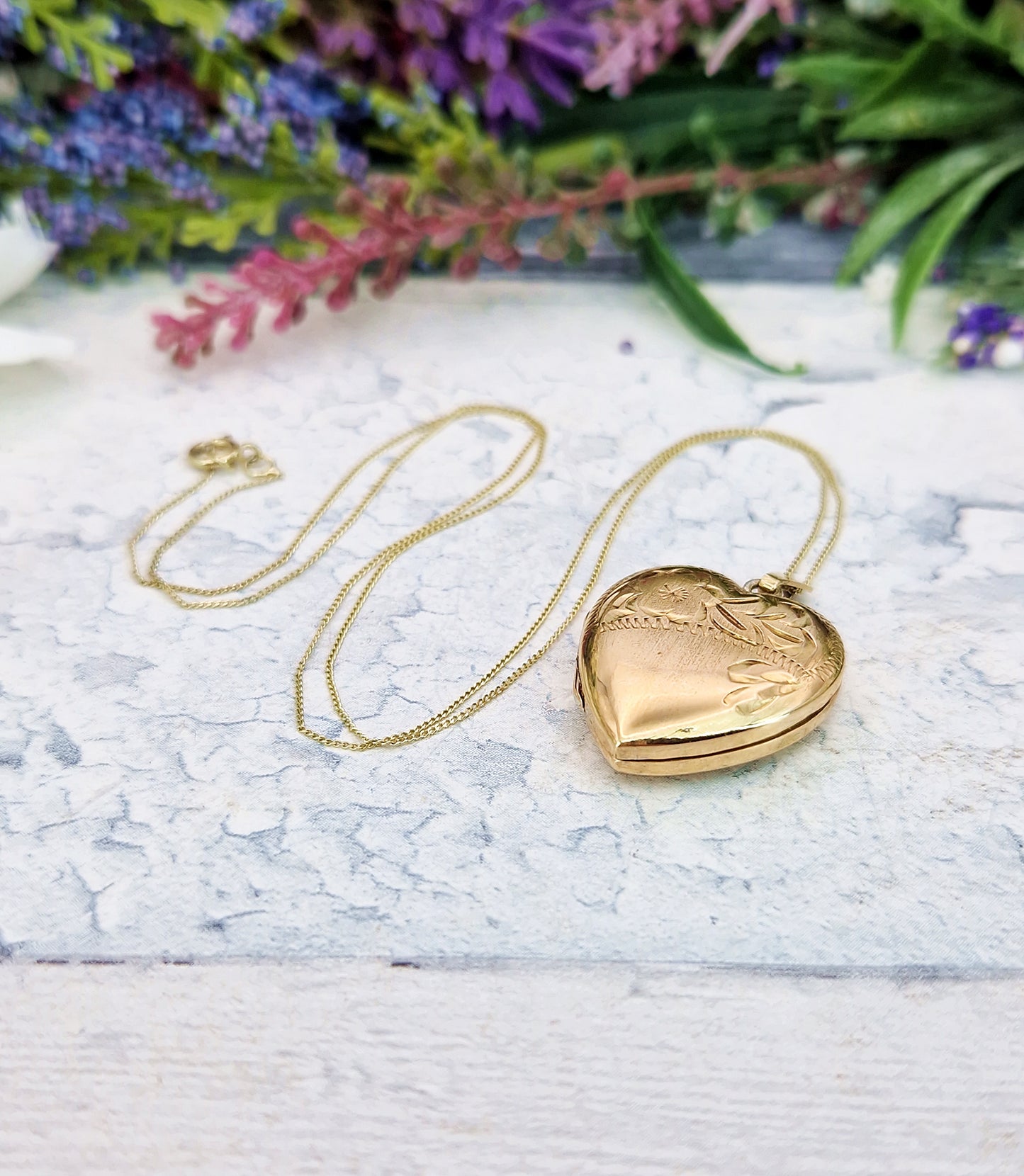 Antique 1920's Art Deco Rolled Gold Engraved Flower Love Heart Locket Pendant