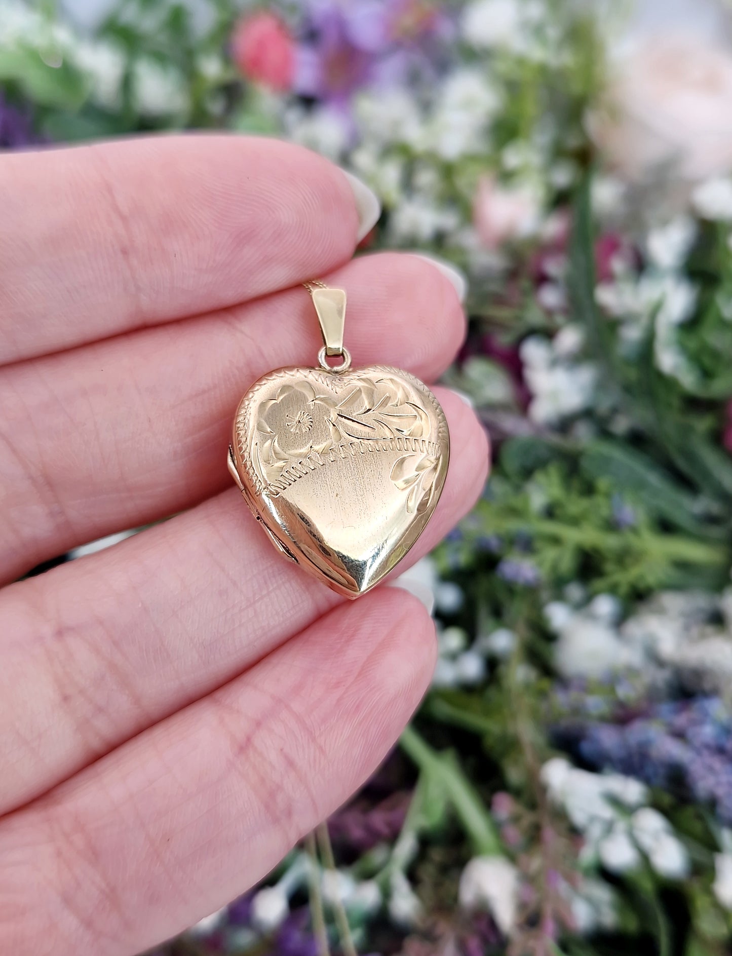 Antique 1920's Art Deco Rolled Gold Engraved Flower Love Heart Locket Pendant
