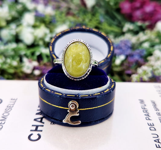 Vintage Sterling Silver 1960's Green Connemara Marble Solitaire Ring / Size M 1/2 or 6.75