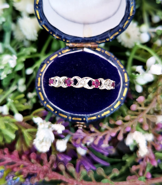 Vintage 1978 9ct Gold Ruby and Diamond Ornate Half Eternity Band Ring / Size R or 9