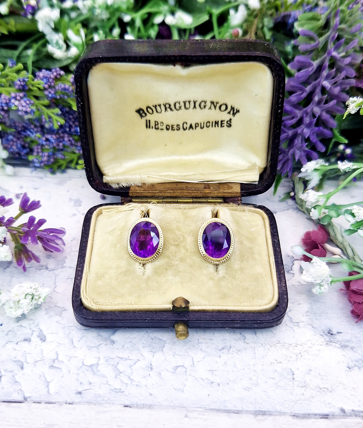 Vintage 1972 9ct Yellow Gold Purple Oval Amethyst Gemstone Stud Earrings
