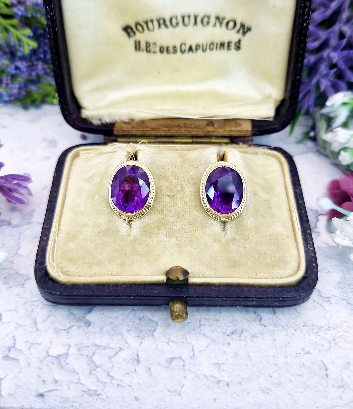 Vintage 1972 9ct Yellow Gold Purple Oval Amethyst Gemstone Stud Earrings