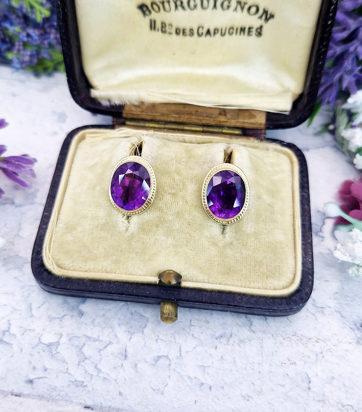 Vintage 1972 9ct Yellow Gold Purple Oval Amethyst Gemstone Stud Earrings