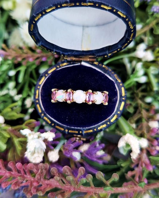 Vintage 9ct Yellow Gold Opal and Pink Topaz Gemstone Ring / Size K or 5.5