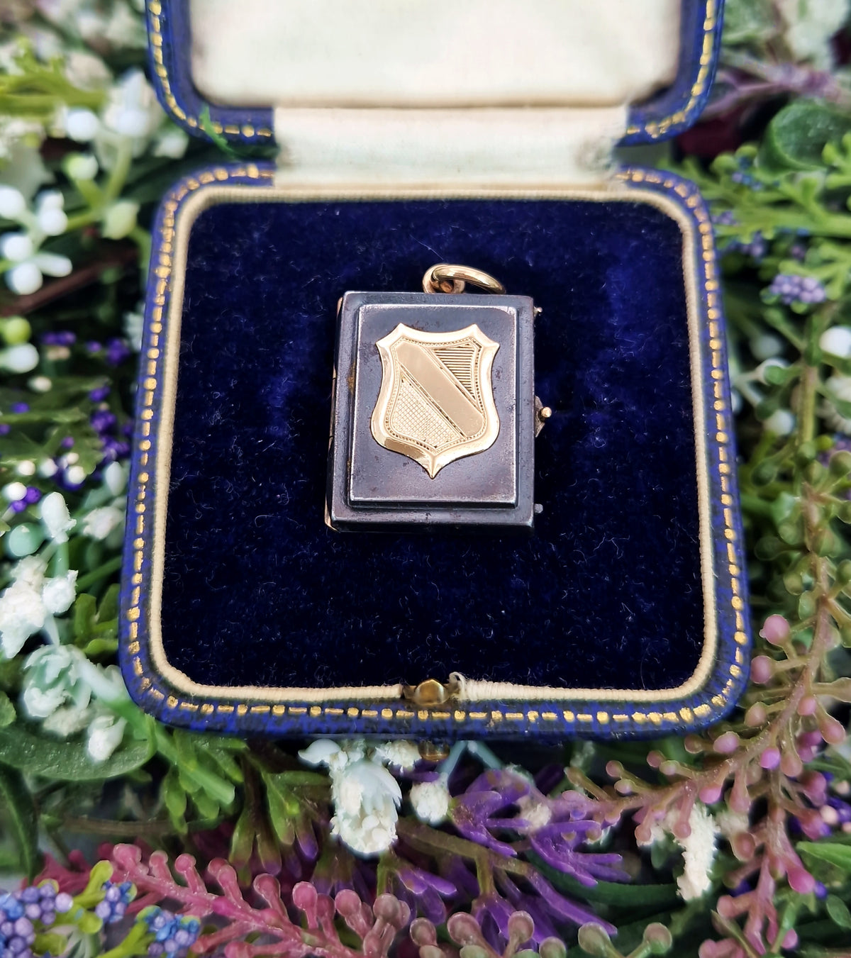 Antique Victorian 9ct Gold and Blackened Steel Shield Book Locket Pendant