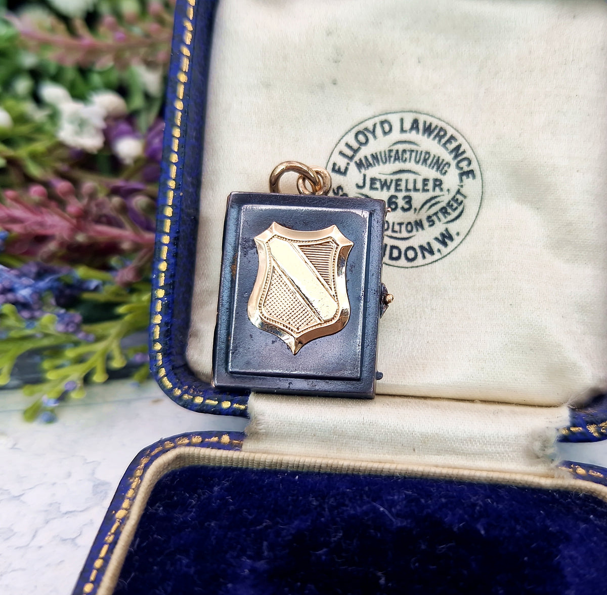 Antique Victorian 9ct Gold and Blackened Steel Shield Book Locket Pendant