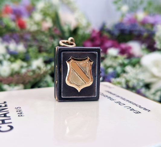 Antique Victorian 9ct Gold and Blackened Steel Shield Book Locket Pendant