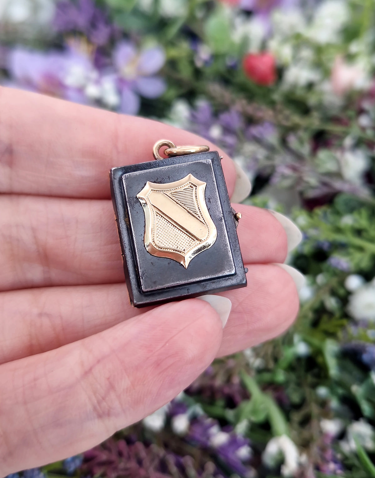 Antique Victorian 9ct Gold and Blackened Steel Shield Book Locket Pendant