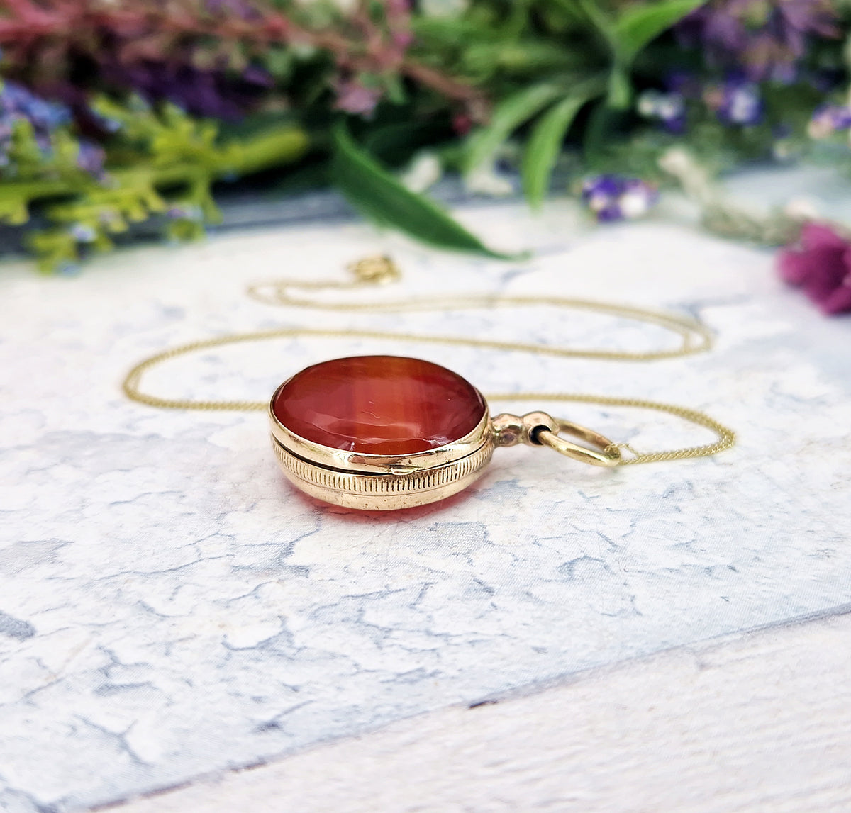 Antique Victorian Miniature Round Orange Banded Agate Locket Pendant