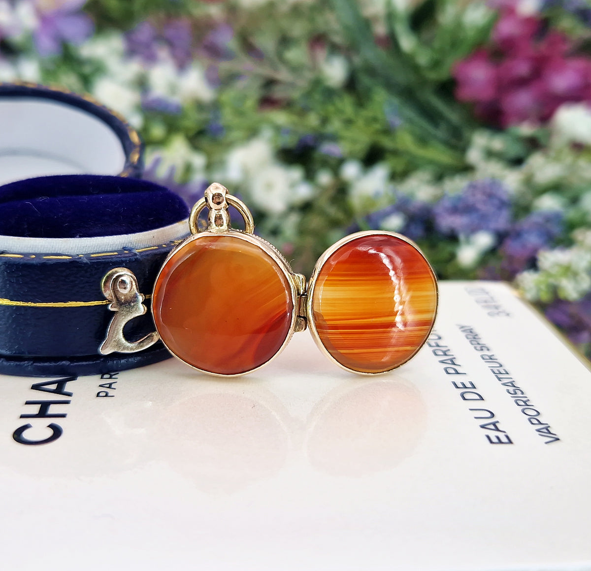 Antique Victorian Miniature Round Orange Banded Agate Locket Pendant