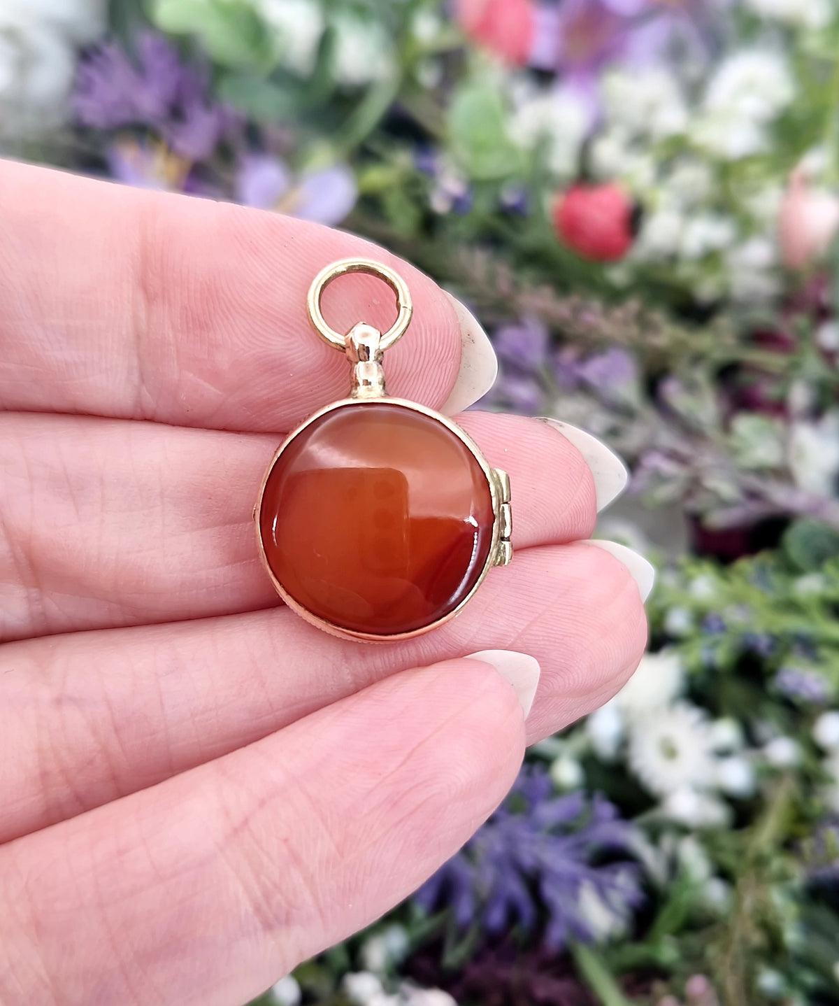 Antique Victorian Miniature Round Orange Banded Agate Locket Pendant