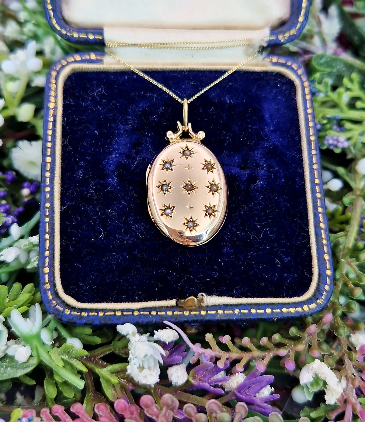 Antique 1907 Art Nouveau Solid Yellow 9ct Gold White Pearl Starry Sky Locket Pendant