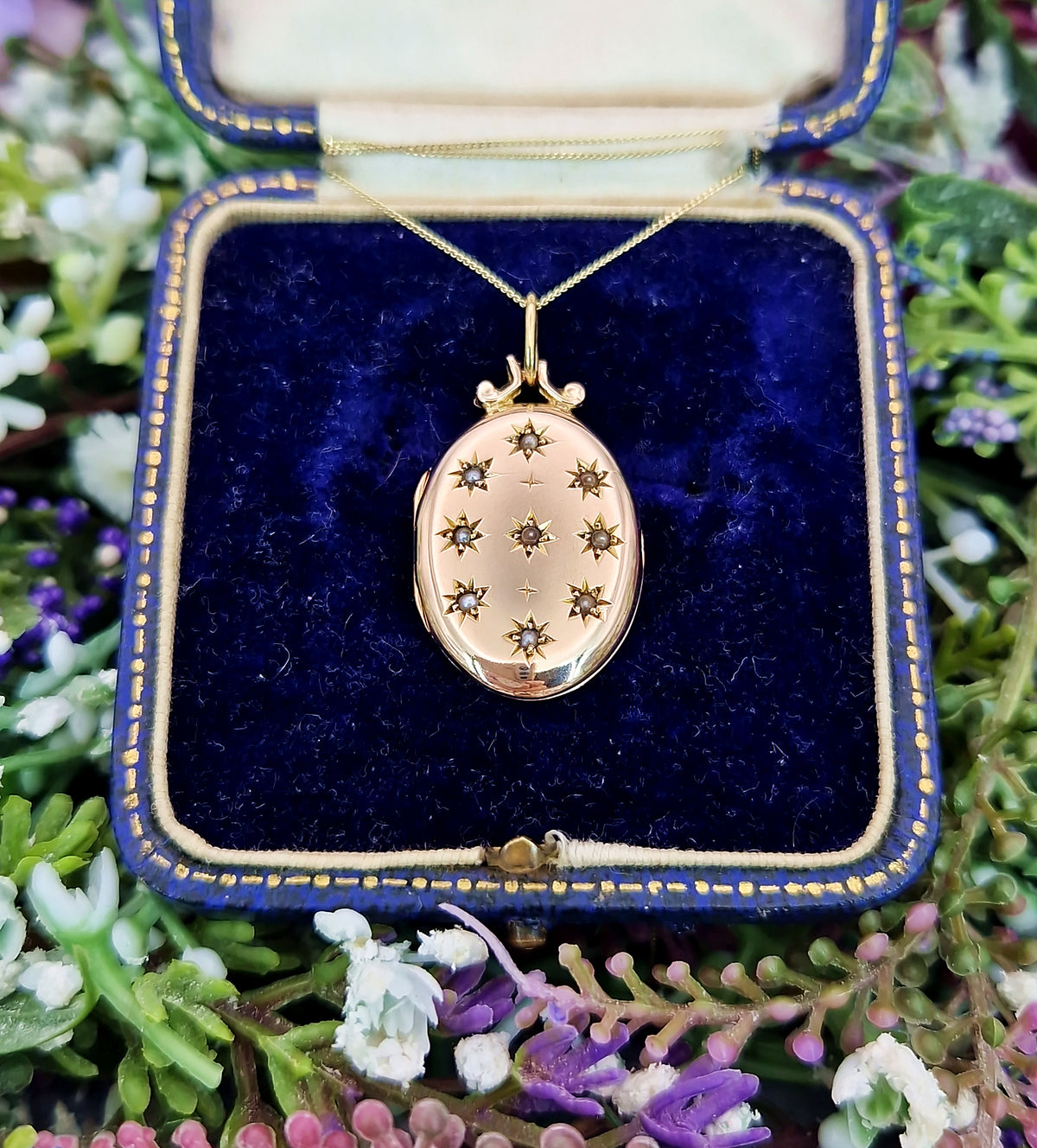 Antique 1907 Art Nouveau Solid Yellow 9ct Gold White Pearl Starry Sky Locket Pendant