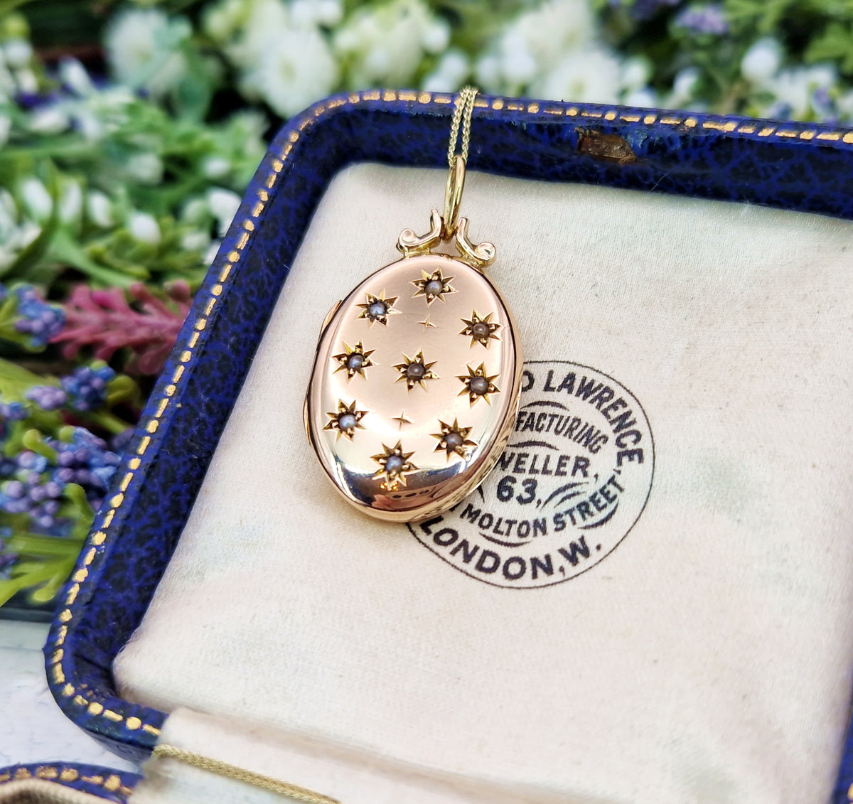 Antique 1907 Art Nouveau Solid Yellow 9ct Gold White Pearl Starry Sky Locket Pendant