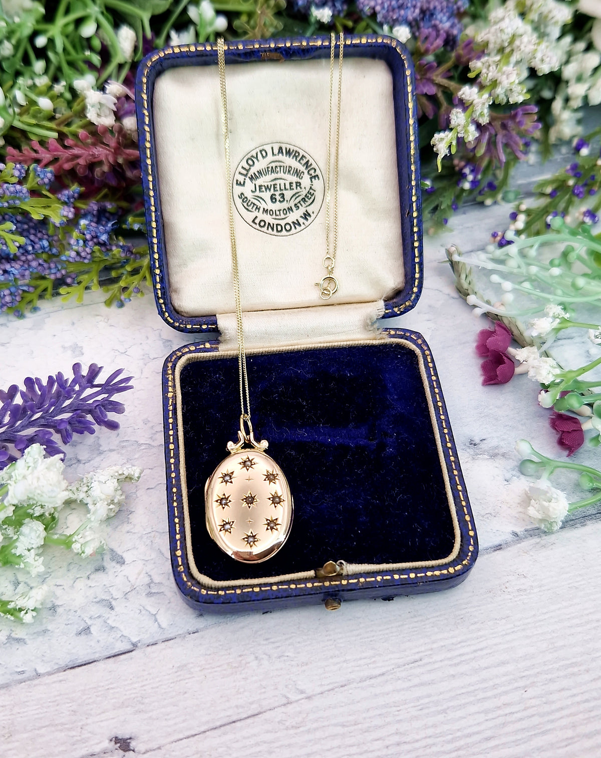 Antique 1907 Art Nouveau Solid Yellow 9ct Gold White Pearl Starry Sky Locket Pendant