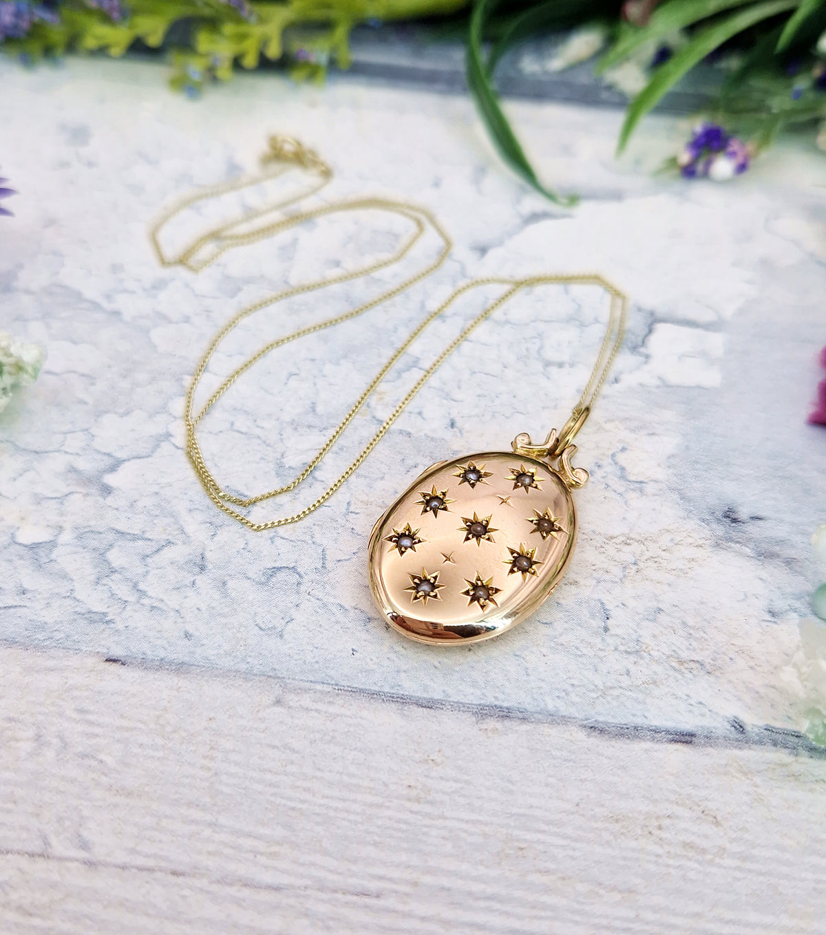 Antique 1907 Art Nouveau Solid Yellow 9ct Gold White Pearl Starry Sky Locket Pendant