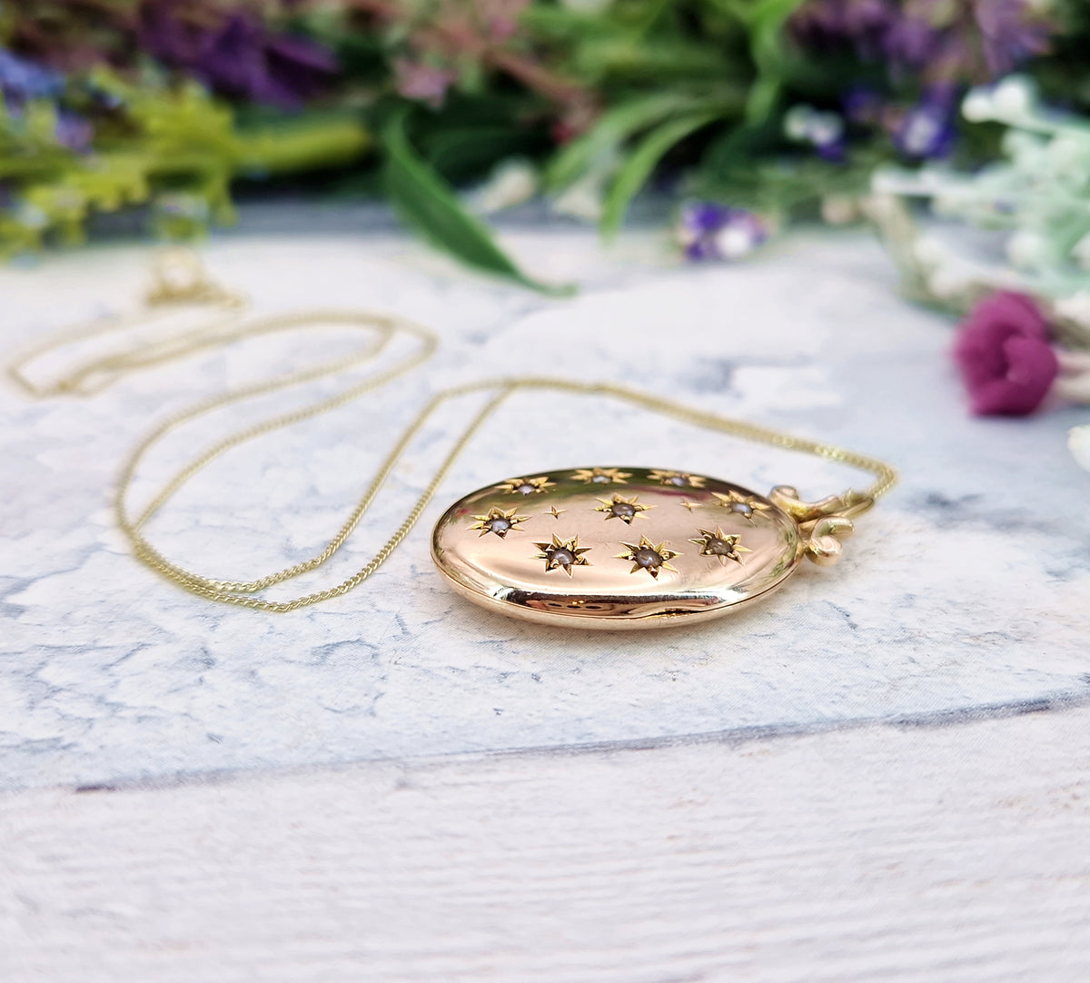 Antique 1907 Art Nouveau Solid Yellow 9ct Gold White Pearl Starry Sky Locket Pendant