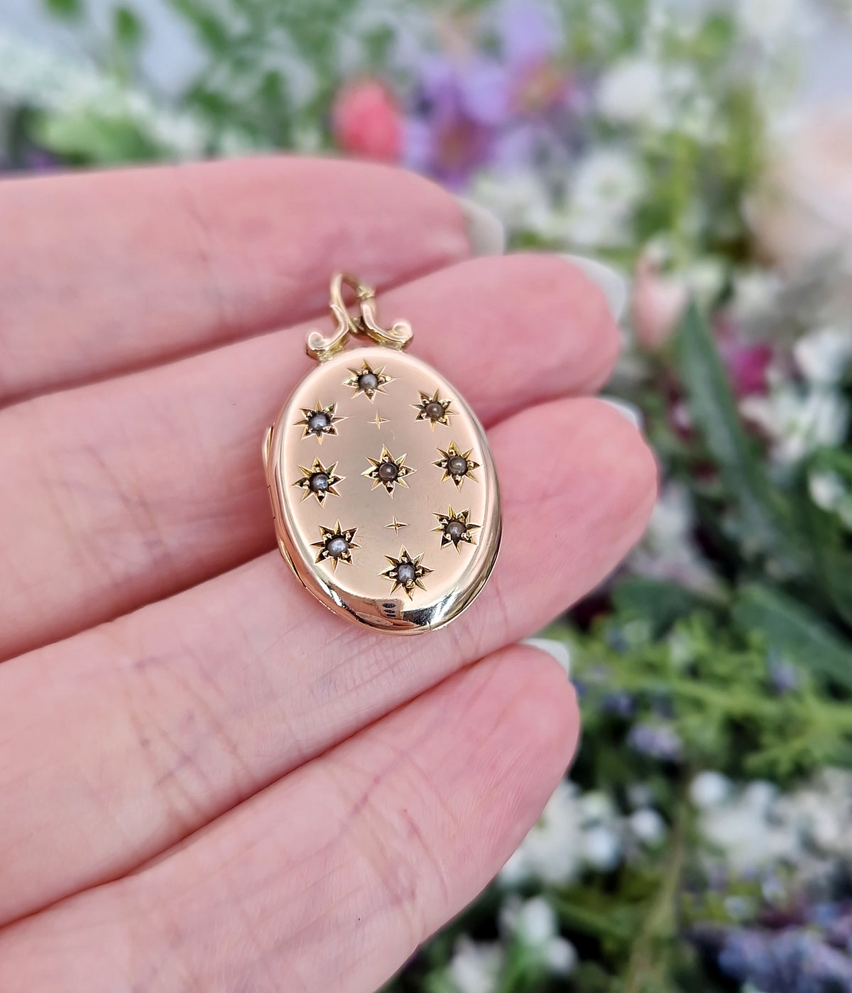 Antique 1907 Art Nouveau Solid Yellow 9ct Gold White Pearl Starry Sky Locket Pendant