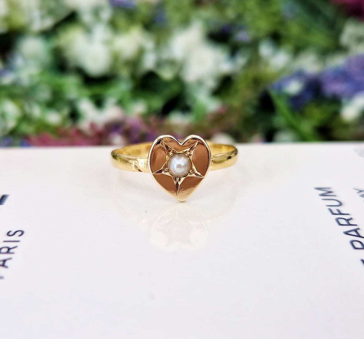 Antique 1835 Georgian 22ct Yellow Gold Heart and Pearl Sweetheart Band Ring / Size P 1/2 or 8.25