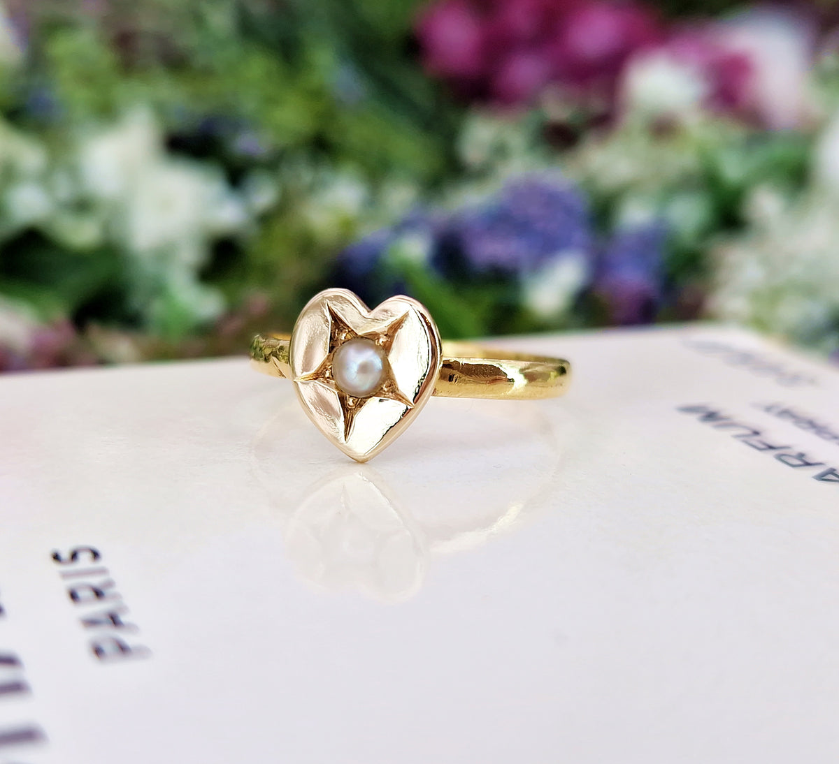 Antique 1835 Georgian 22ct Yellow Gold Heart and Pearl Sweetheart Band Ring / Size P 1/2 or 8.25