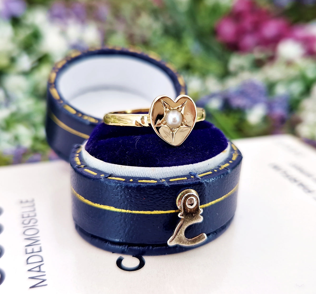 Antique 1835 Georgian 22ct Yellow Gold Heart and Pearl Sweetheart Band Ring / Size P 1/2 or 8.25