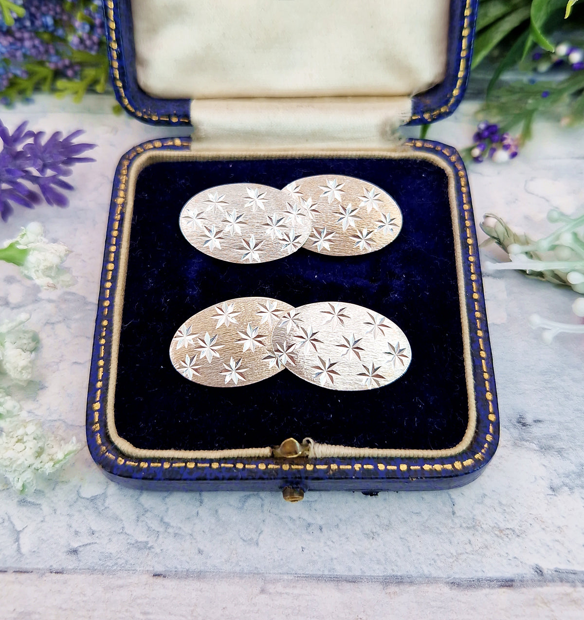 Antique Art Deco 9ct and Sterling Silver Henry Griffith & Sons Engraved Star Cufflinks
