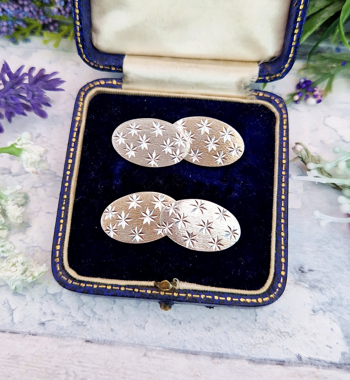 Antique Art Deco 9ct and Sterling Silver Henry Griffith & Sons Engraved Star Cufflinks