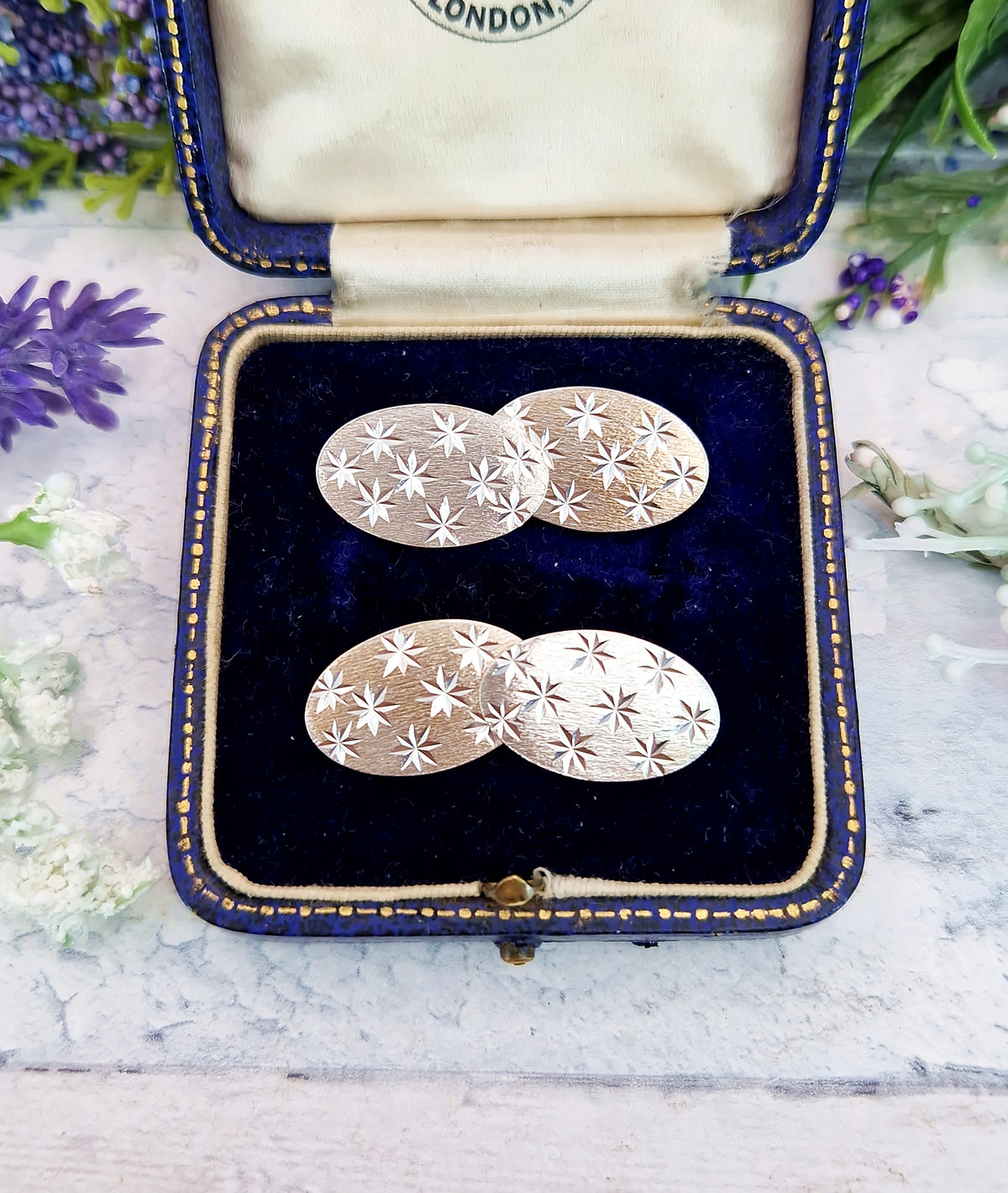 Antique Art Deco 9ct and Sterling Silver Henry Griffith & Sons Engraved Star Cufflinks