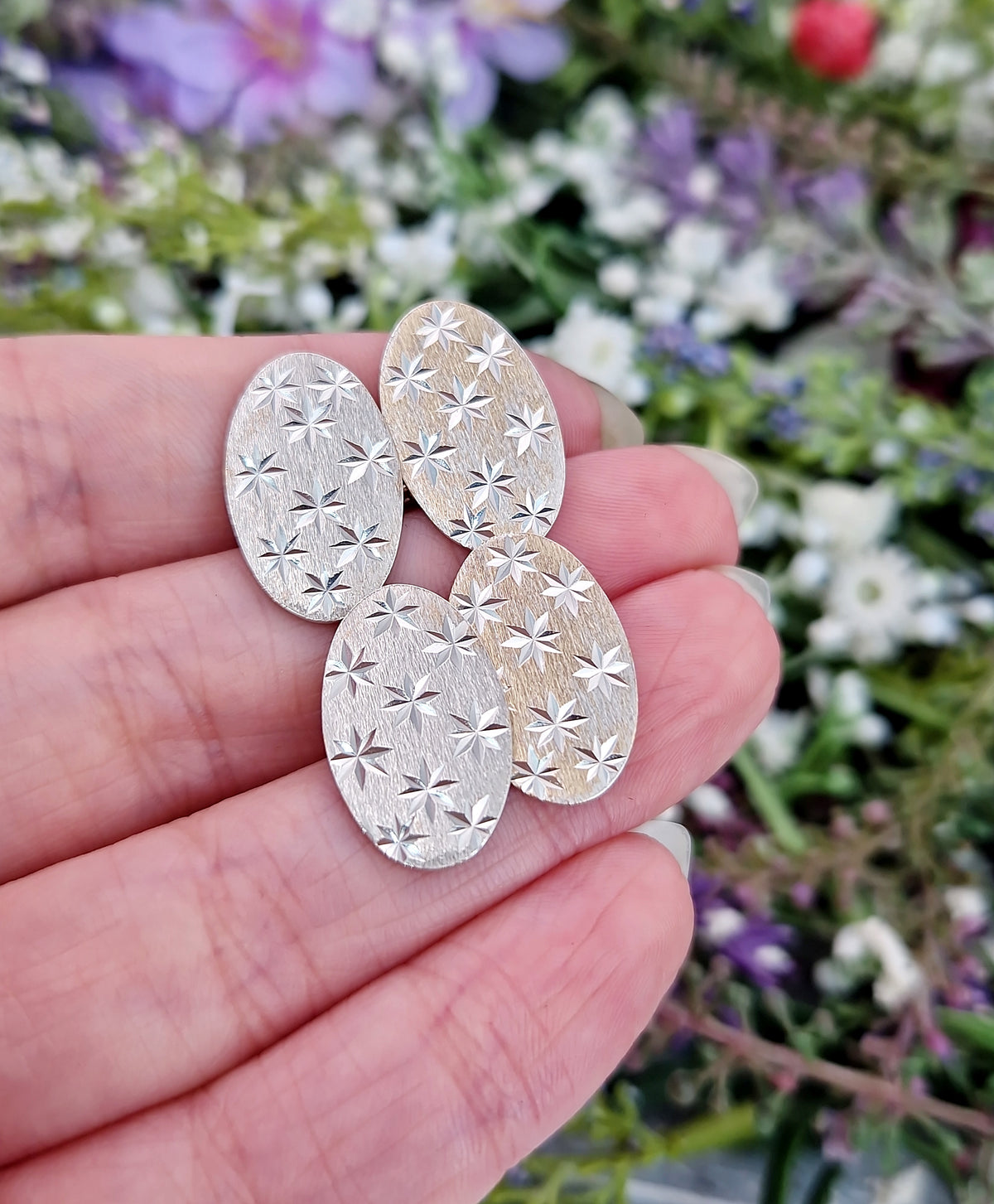 Antique Art Deco 9ct and Sterling Silver Henry Griffith & Sons Engraved Star Cufflinks