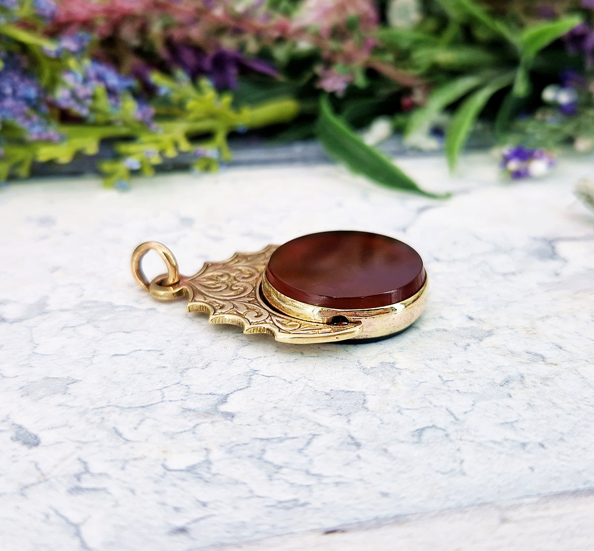 Antique Victorian 9ct Gold Ornate Carnelian and Bloodstone Spinner Pendant / Fob