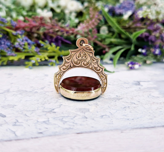 Antique Victorian 9ct Gold Ornate Carnelian and Bloodstone Spinner Pendant / Fob