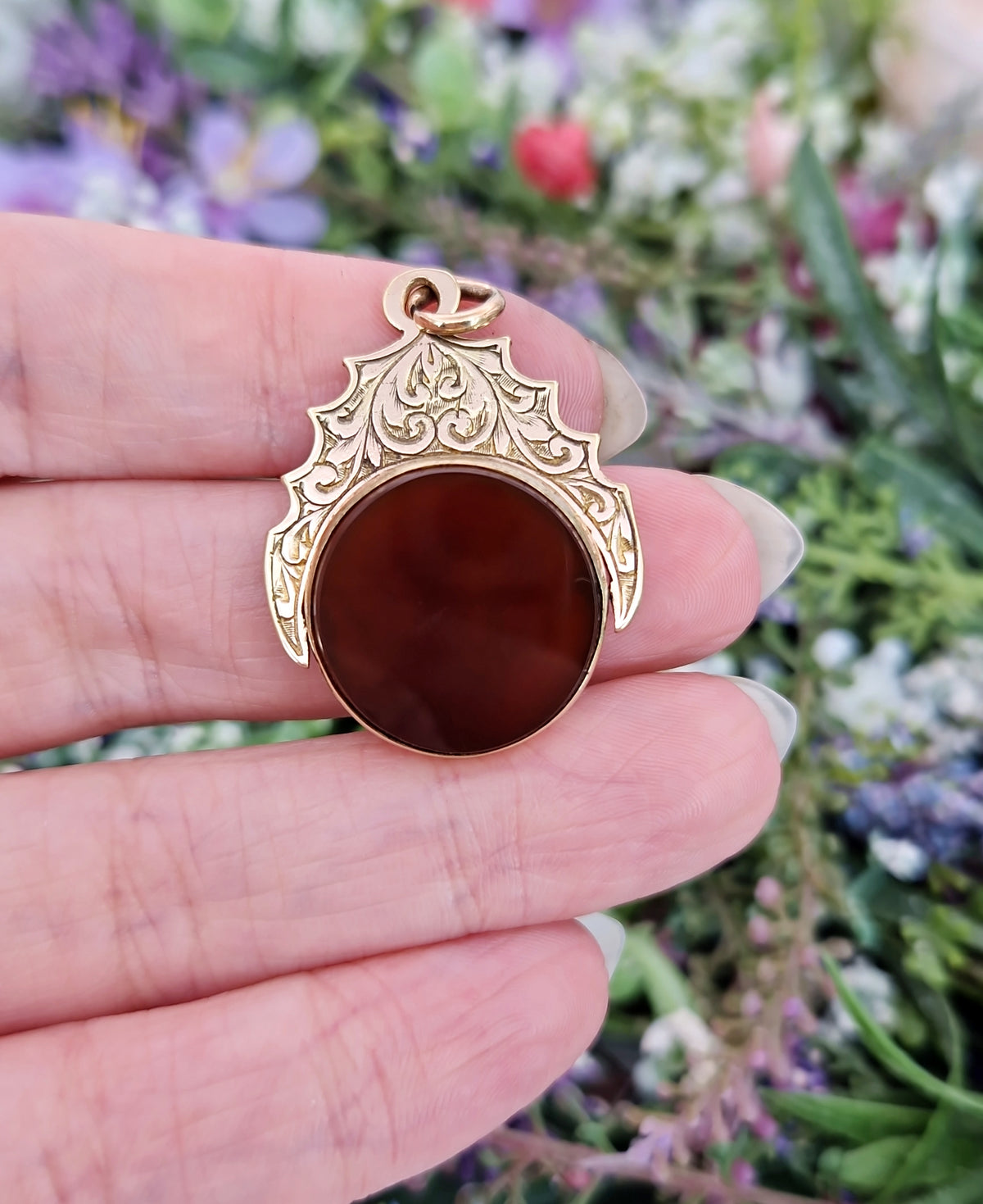 Antique Victorian 9ct Gold Ornate Carnelian and Bloodstone Spinner Pendant / Fob