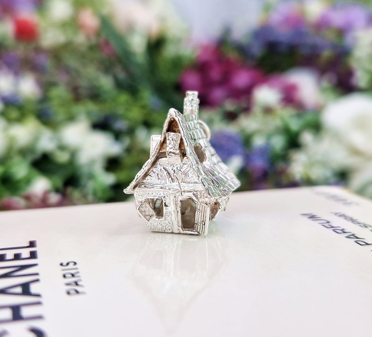 Vintage Sterling Silver Spooky Haunted House and Enamel Ghost Opening Pendant