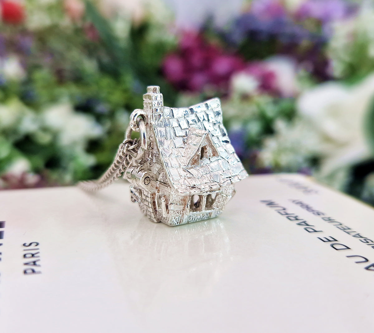 Vintage Sterling Silver Spooky Haunted House and Enamel Ghost Opening Pendant