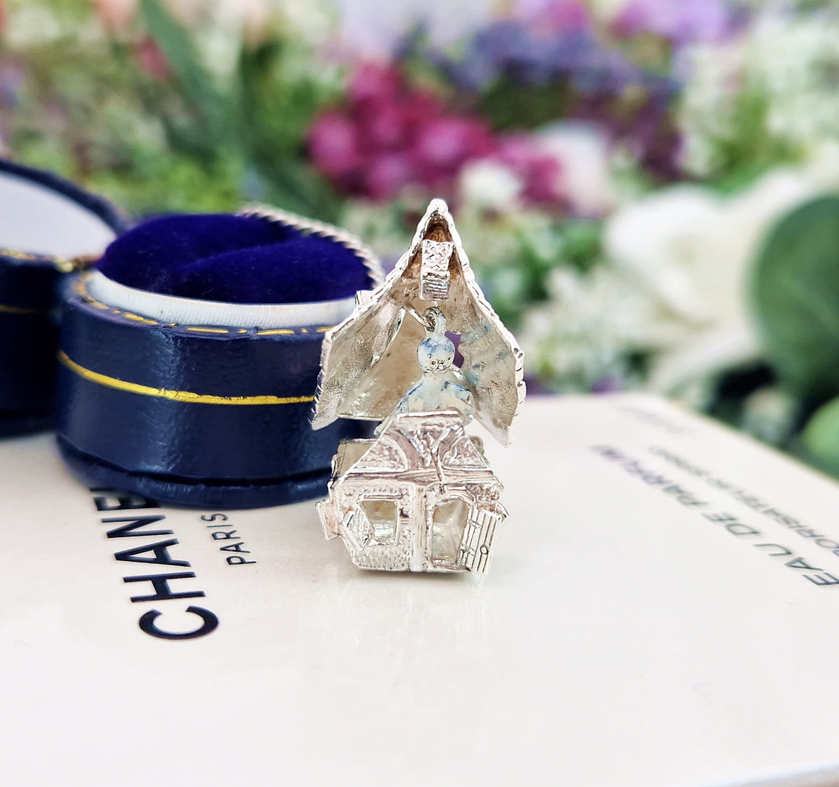Vintage Sterling Silver Spooky Haunted House and Enamel Ghost Opening Pendant