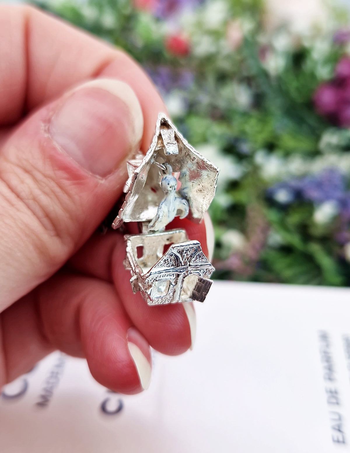 Vintage Sterling Silver Spooky Haunted House and Enamel Ghost Opening Pendant