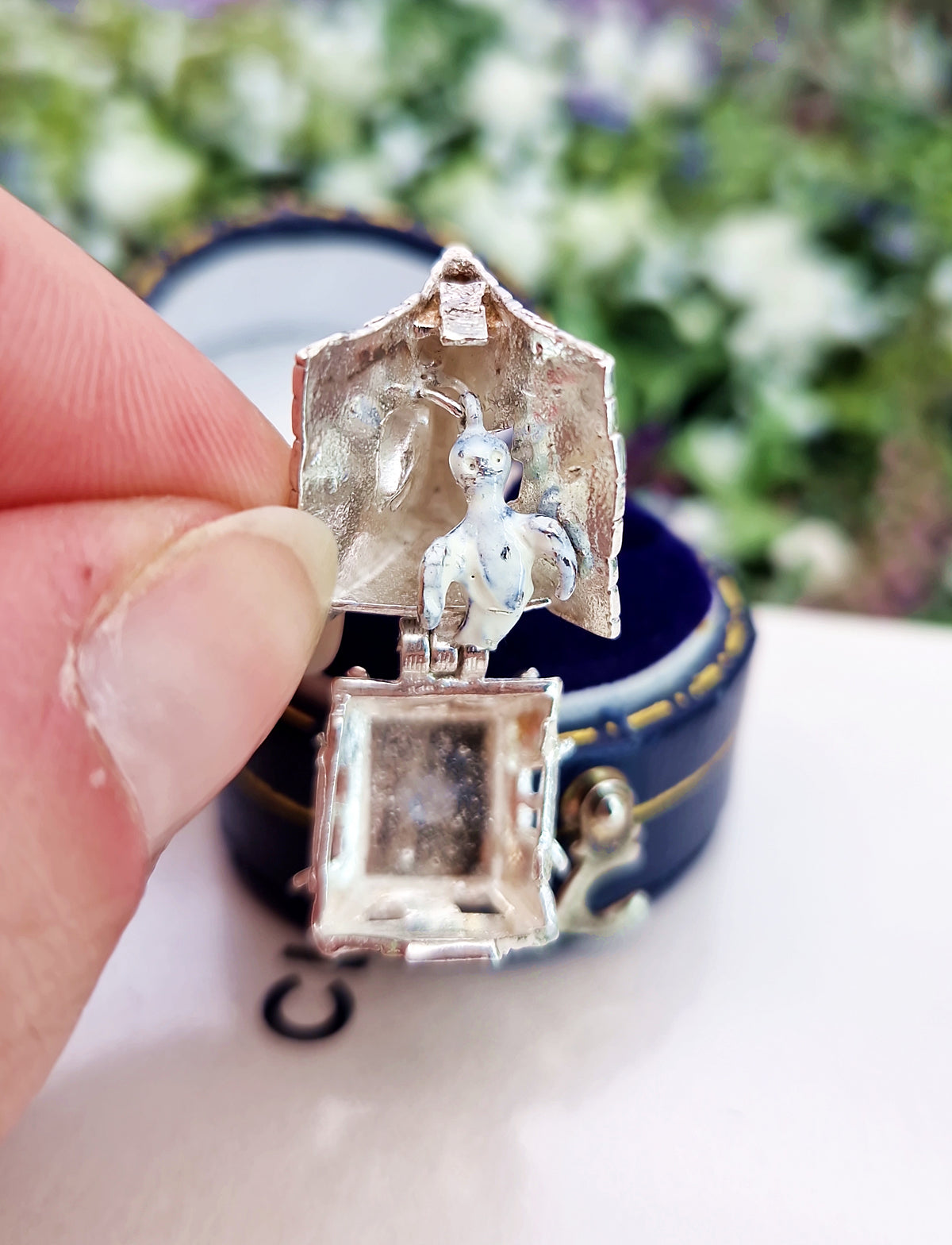 Vintage Sterling Silver Spooky Haunted House and Enamel Ghost Opening Pendant