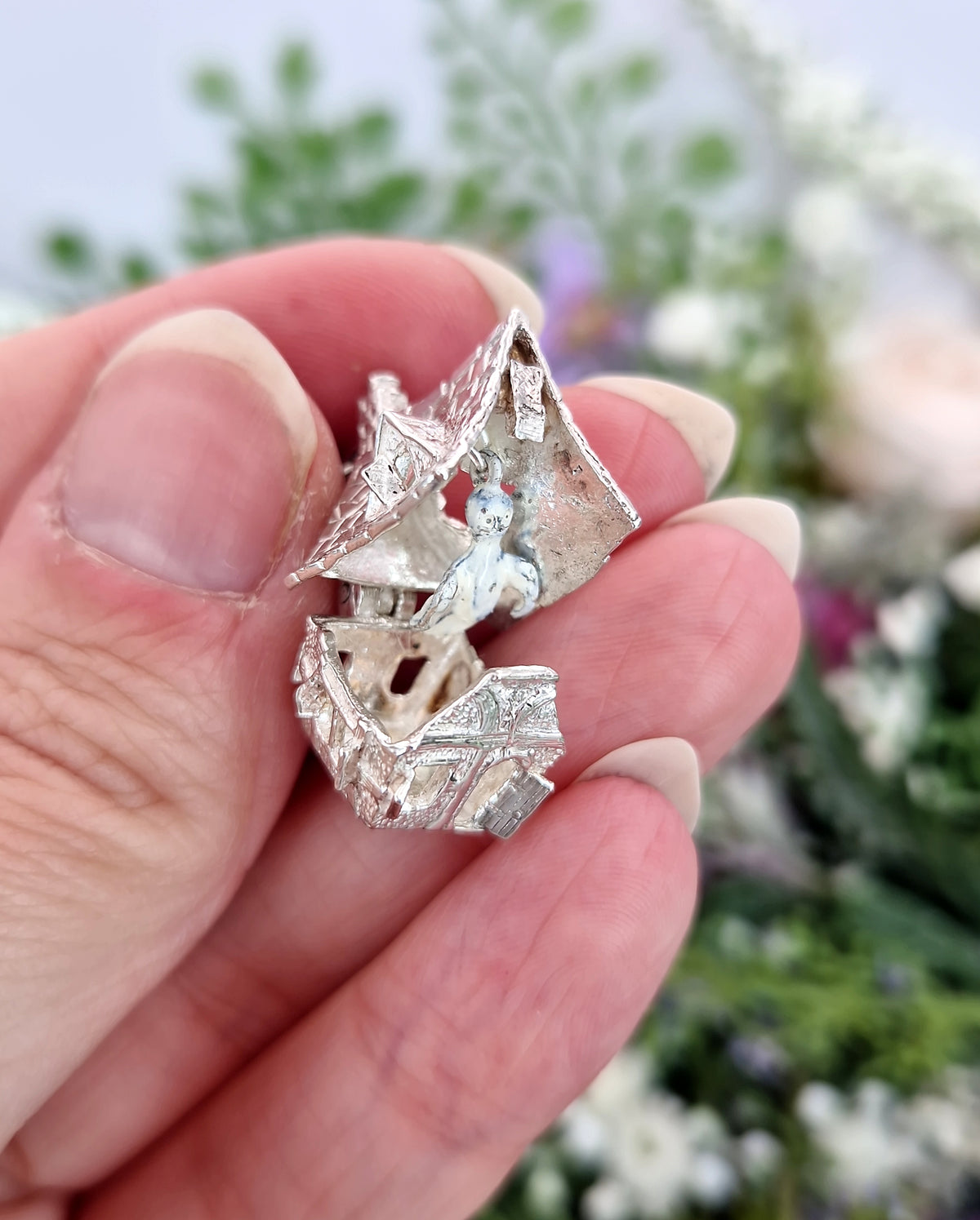 Vintage Sterling Silver Spooky Haunted House and Enamel Ghost Opening Pendant