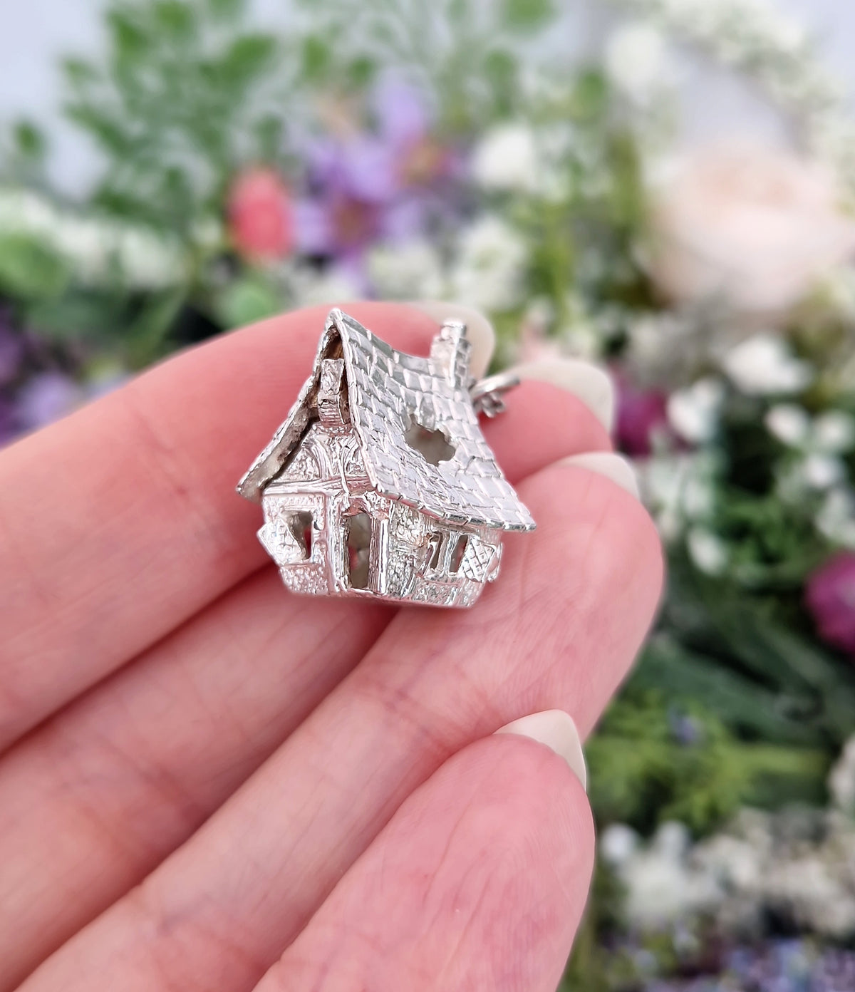 Vintage Sterling Silver Spooky Haunted House and Enamel Ghost Opening Pendant
