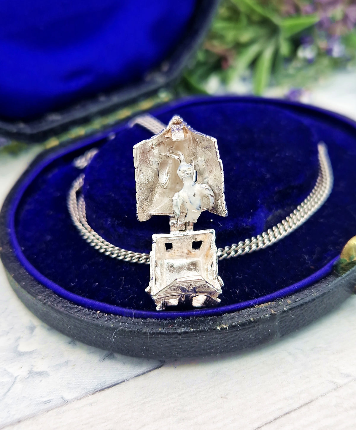 Vintage Sterling Silver Spooky Haunted House and Enamel Ghost Opening Pendant