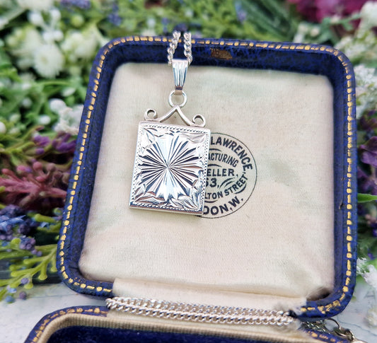 Vintage 1979 Hallmarked Sterling Silver Engraved Star Rectangular Fob Pendant