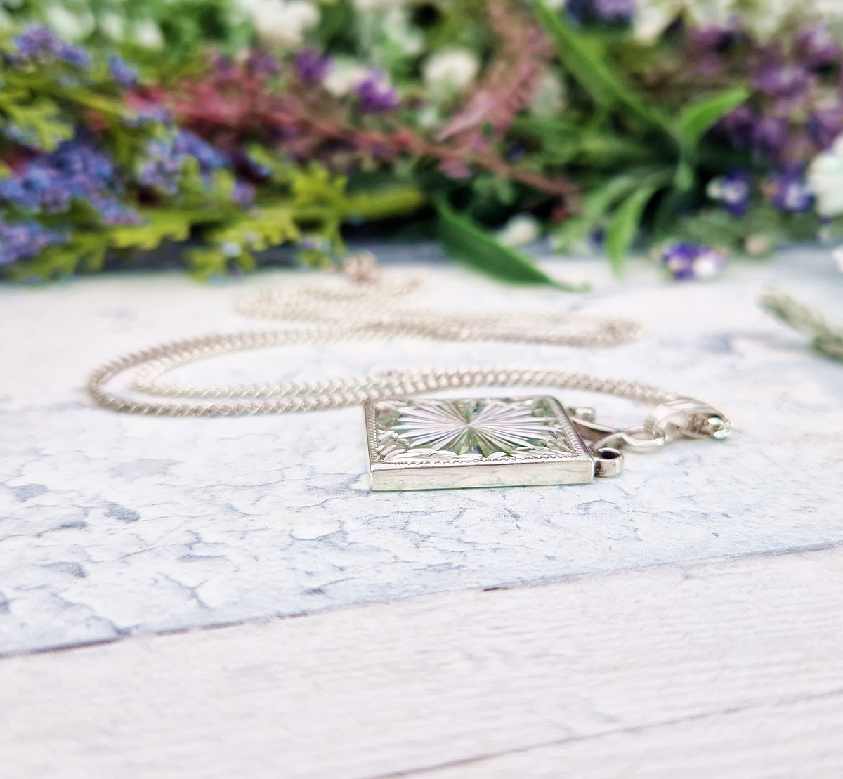 Vintage 1979 Hallmarked Sterling Silver Engraved Star Rectangular Fob Pendant