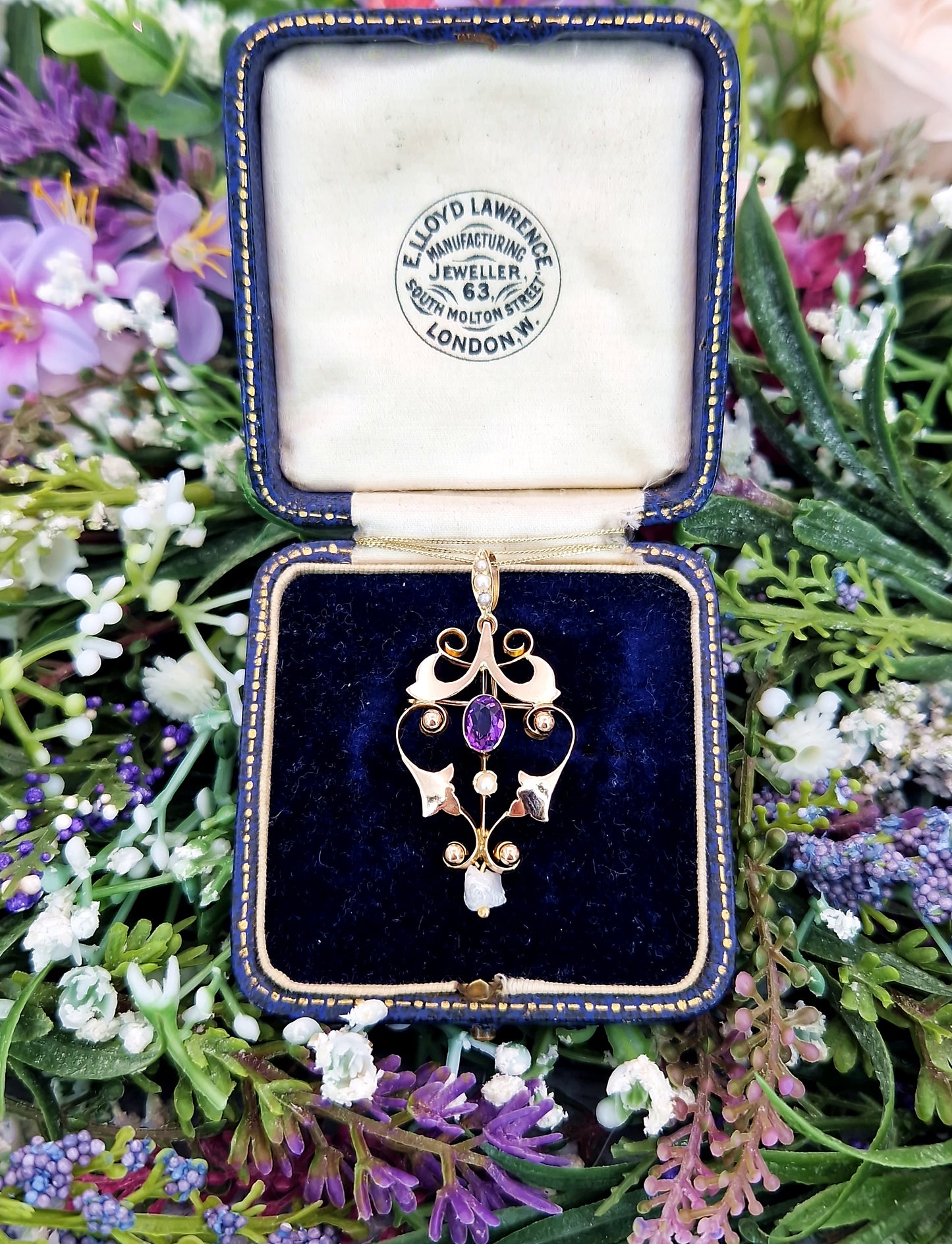 Antique Art Nouveau 9ct Gold Ornate Purple Amethyst Round Brooch / Pendant Necklace