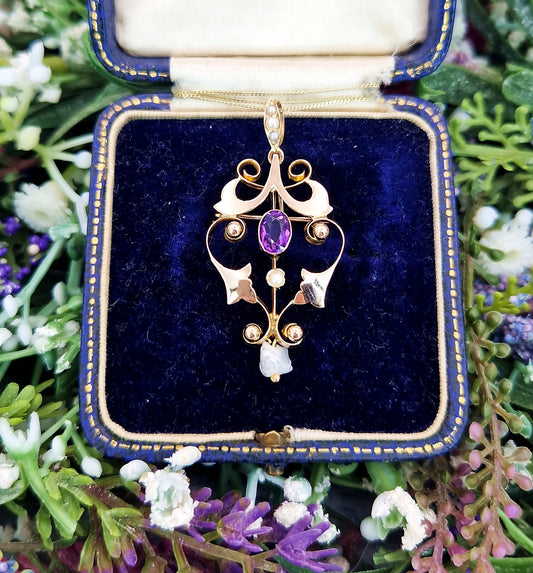 Antique Art Nouveau 9ct Gold Ornate Purple Amethyst Round Brooch / Pendant Necklace