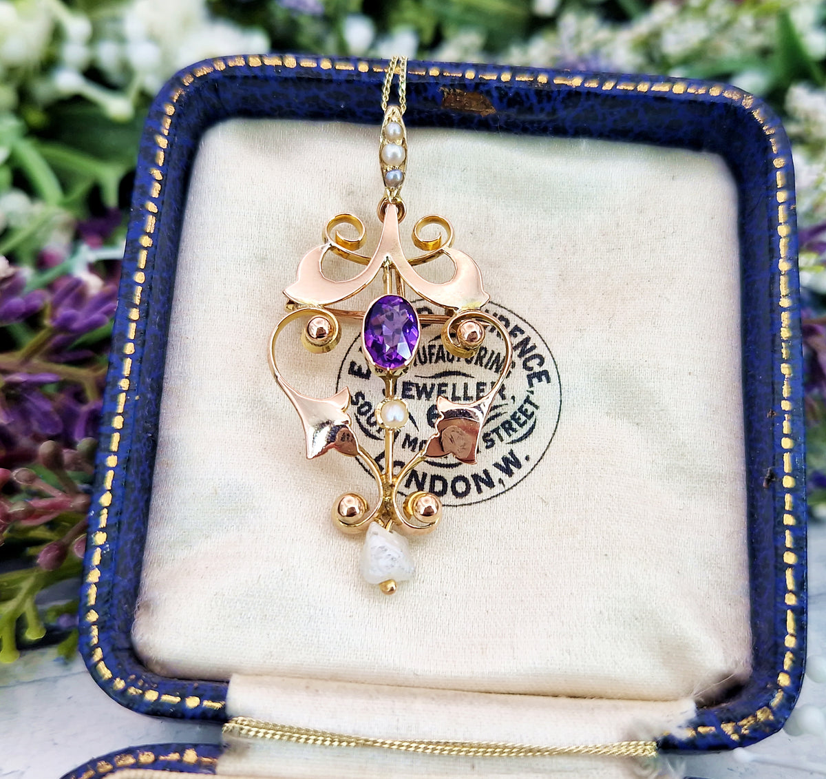 Antique Art Nouveau 9ct Gold Ornate Purple Amethyst Round Brooch / Pendant Necklace