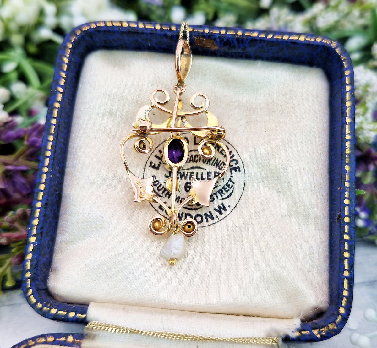 Antique Art Nouveau 9ct Gold Ornate Purple Amethyst Round Brooch / Pendant Necklace