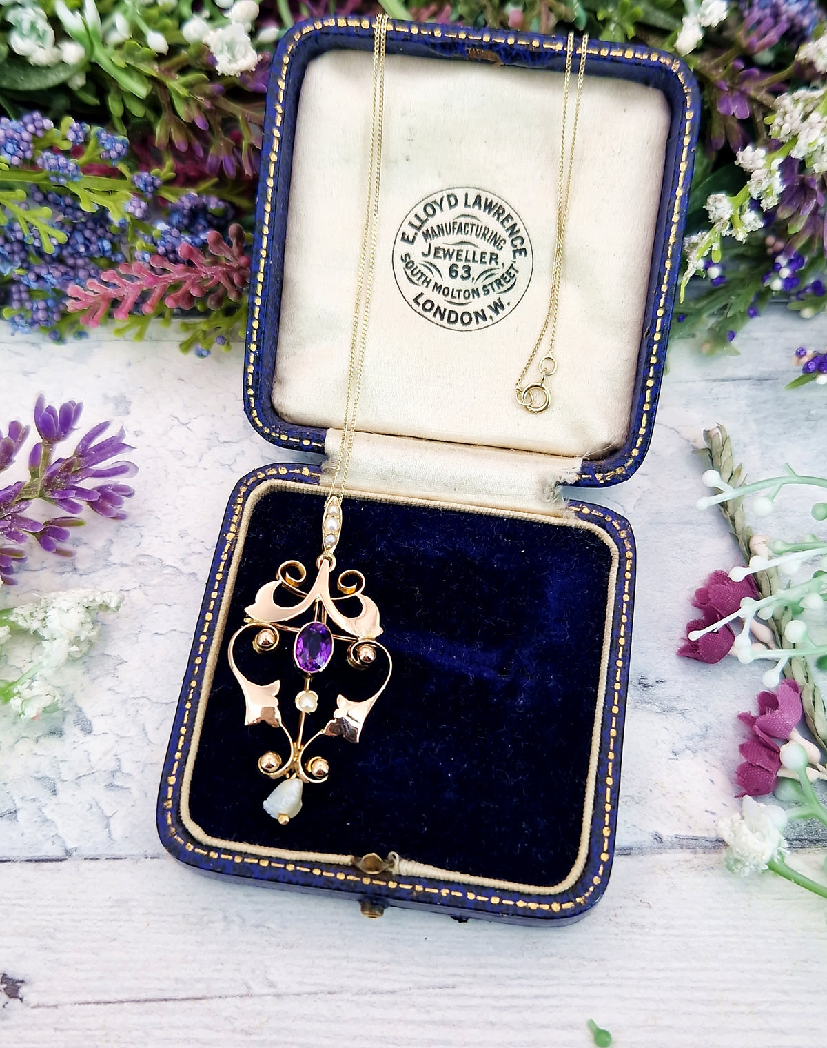 Antique Art Nouveau 9ct Gold Ornate Purple Amethyst Round Brooch / Pendant Necklace