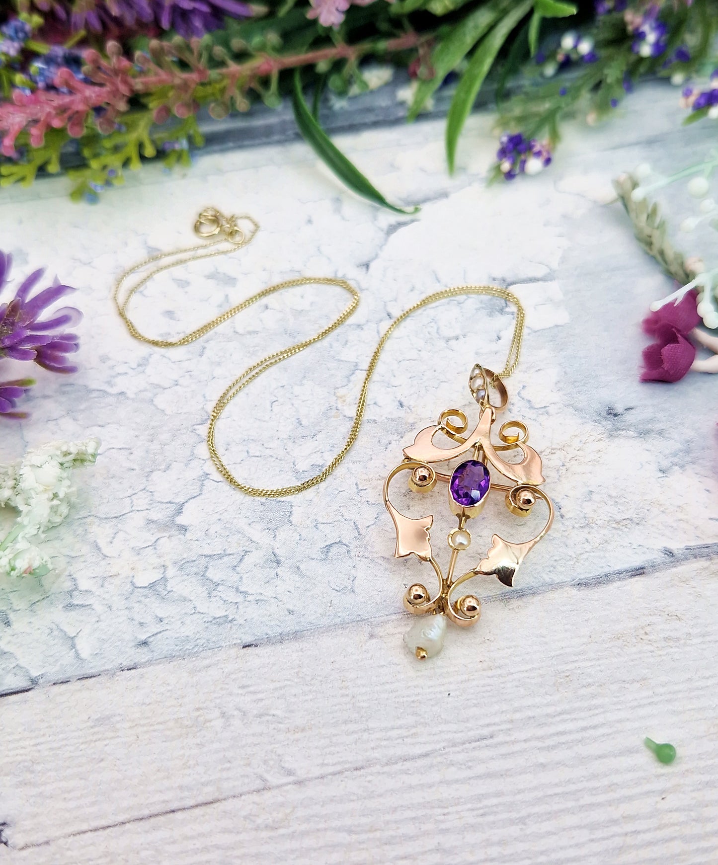 Antique Art Nouveau 9ct Gold Ornate Purple Amethyst Round Brooch / Pendant Necklace