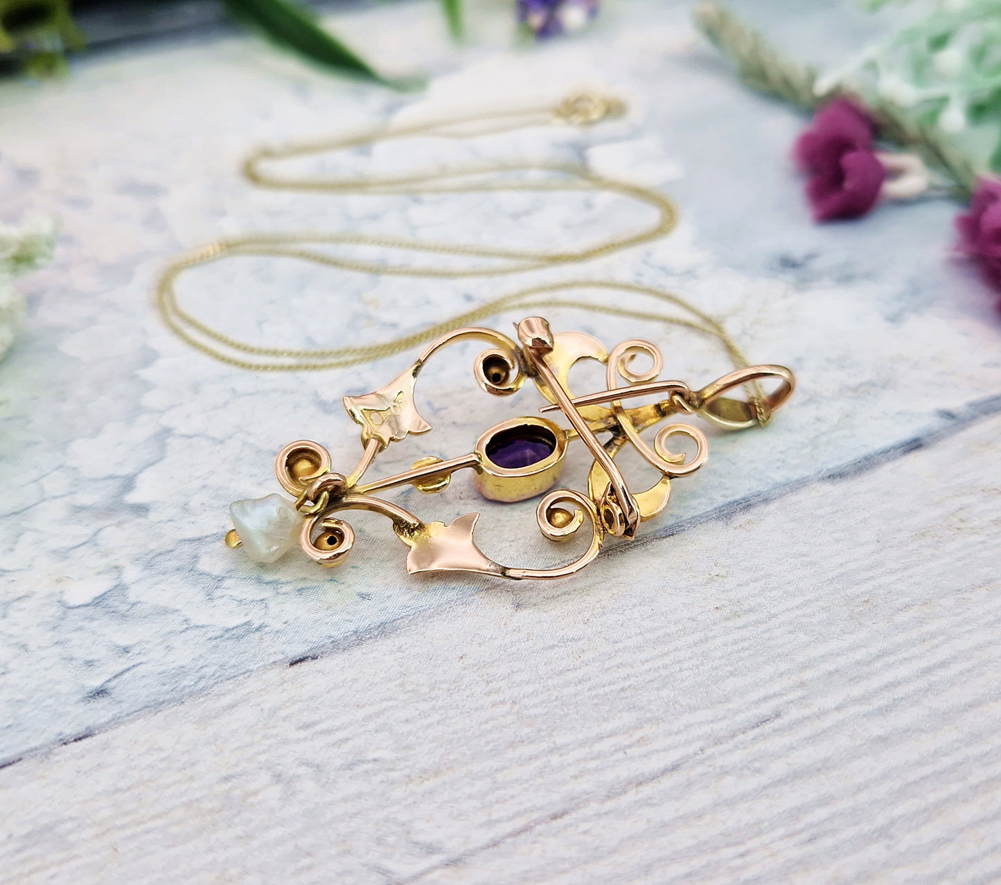 Antique Art Nouveau 9ct Gold Ornate Purple Amethyst Round Brooch / Pendant Necklace