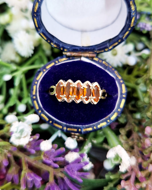 Vintage 9ct Yellow Gold Orange Citrine Gemstone 5 stone Ring / Size N 1/2 or 7.25